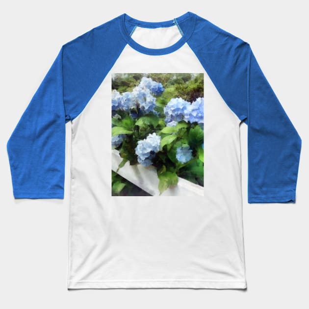 Hydrangea - Blue Hydrangea on White Fence Baseball T-Shirt by SusanSavad